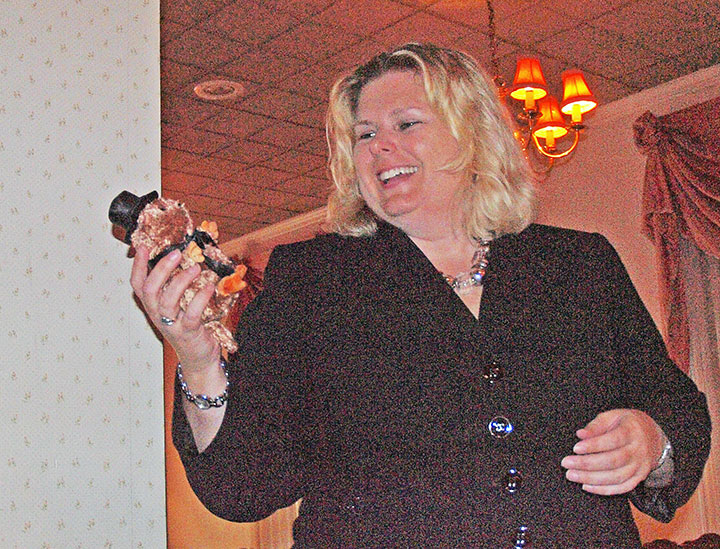 National Federation of Press Women President Cynthia Price with the Punxsutawney Phil Beanie Baby she received after speaking at the annual luncheon meeting of the Pennsylvania Press Club on June 4, 2011. (Johanna Billings) 