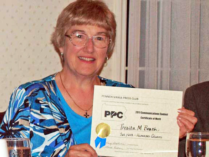 Tresita Beach with her 2011 Pennsylvania Press Club award certificate at the June 4, 2011, awards luncheon. She won first place in the Humorous Columns division. (Johanna Billings) 