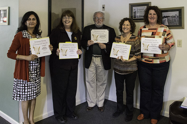 Some of the winners in the Pa. Press Club’s 2017 annual contest, from left:  Lini Kadaba of Philadelphia; Kay Stephens of Altoona, R. Thomas Berner of Bellefonte, who was also the contest’s Sweepstakes winner; Joyce Eisenberg of Philadelphia and Ellen Scolnic of Wynnewood.