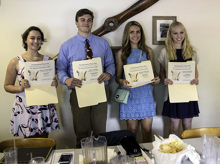 Student winners in the 2017 annual contest show off their certificates. From left, Victoria R. Purcell, Norristown Area High School, and Ethan McGee, Sidney Patterson and Kaelynn Behrens, all of Bellwood-Antis High School, Bellwood. (R. Thomas Berner)
